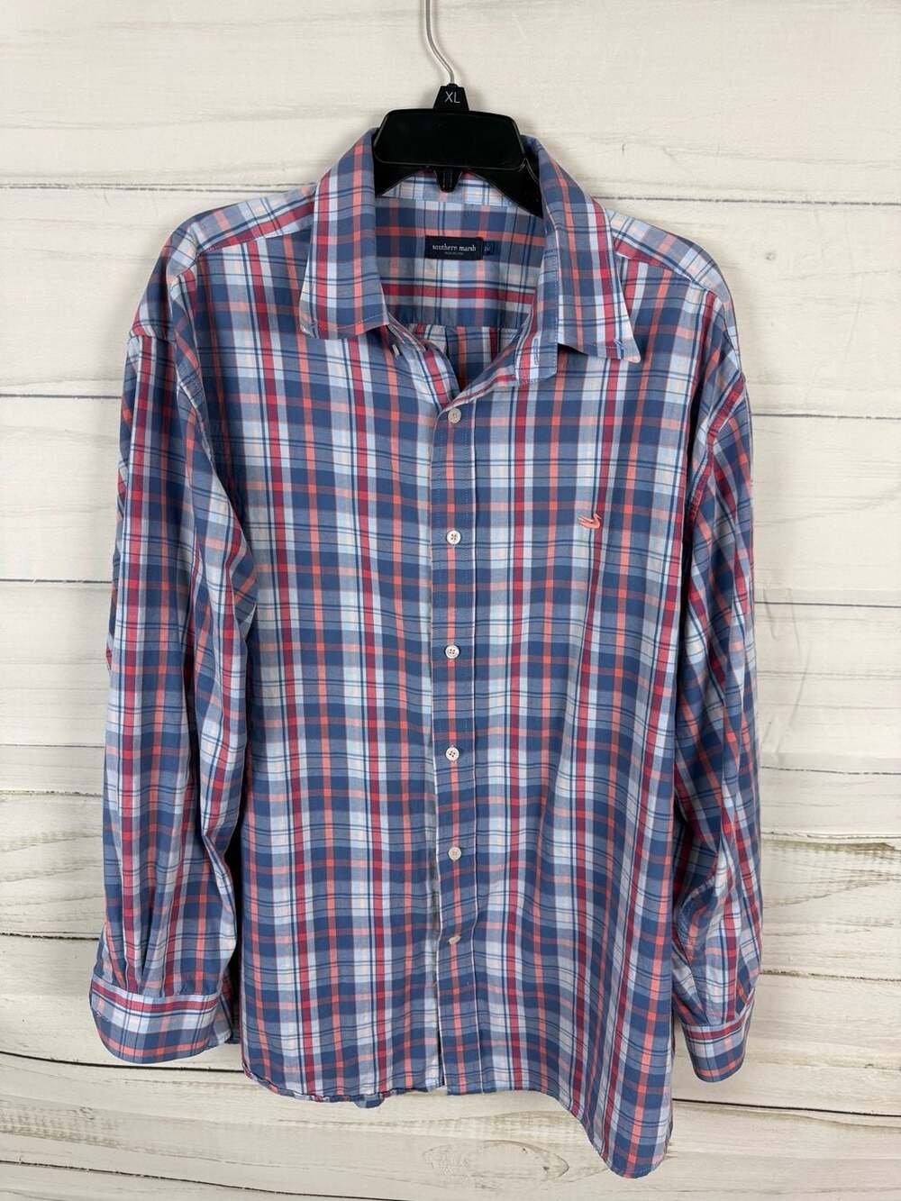 Southern Marsh Men's Long Sleeve Button Up Shirt Blue and Red Plaid Check S 2XL